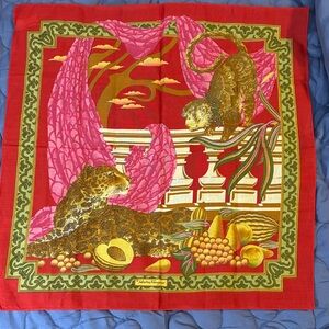 Salvatore Ferragamo Red and Gold Scarf with Fruit Design